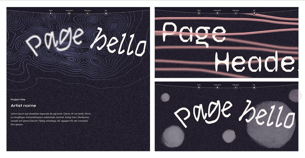 Three different examples of early drafts of the page header design