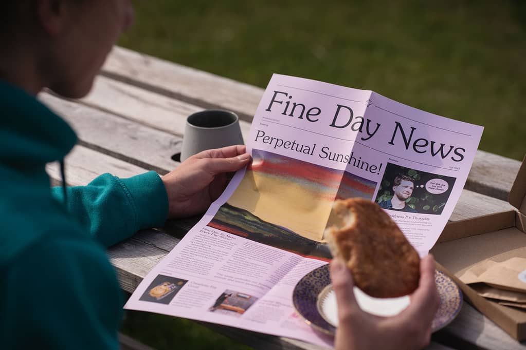 Person sitting in the sun eating a rowie, drinking coffee and reading the Fine Day News