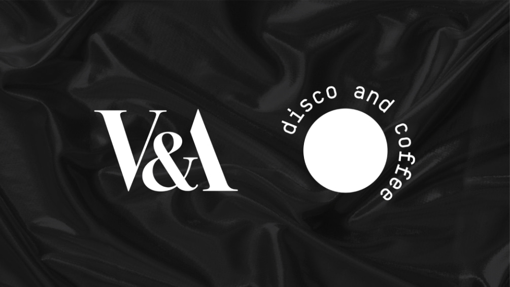 V&A Logo and Disco and Coffee logo side by side in white on black