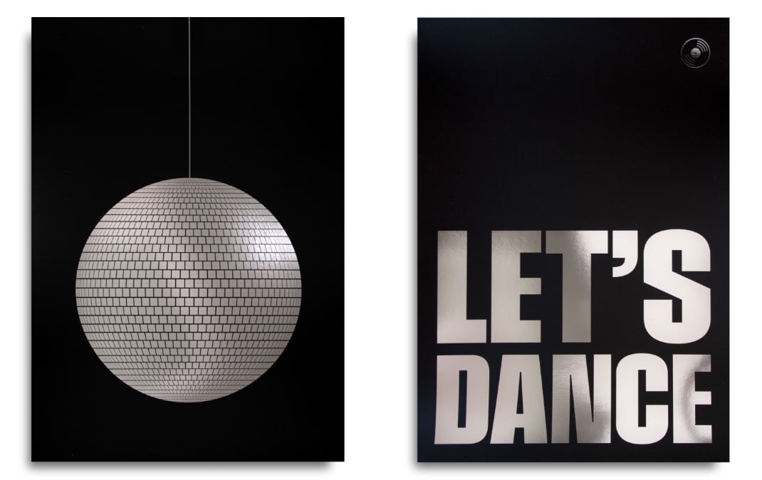 Disco ball poster next to poster with text 