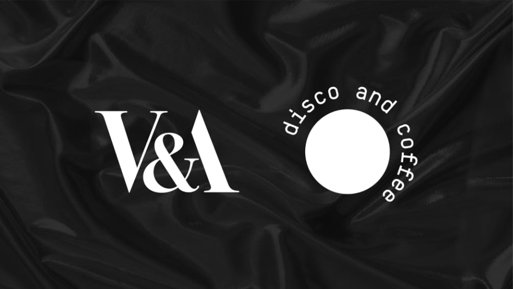 V&A Logo and Disco and Coffee logo side by side in white on black