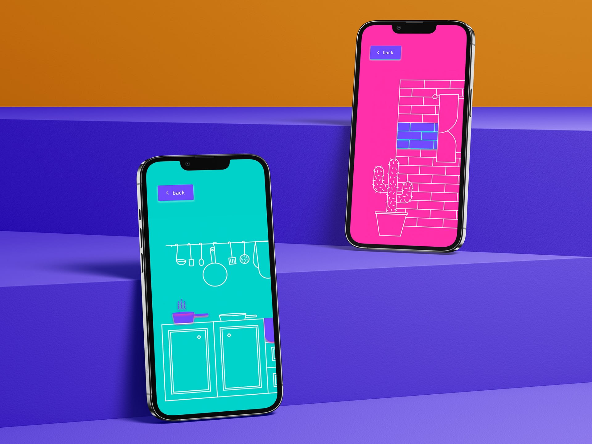Two Iphones sit on purples ledges showing digital line drawings of a kitchen in blue and a bathroom in pink