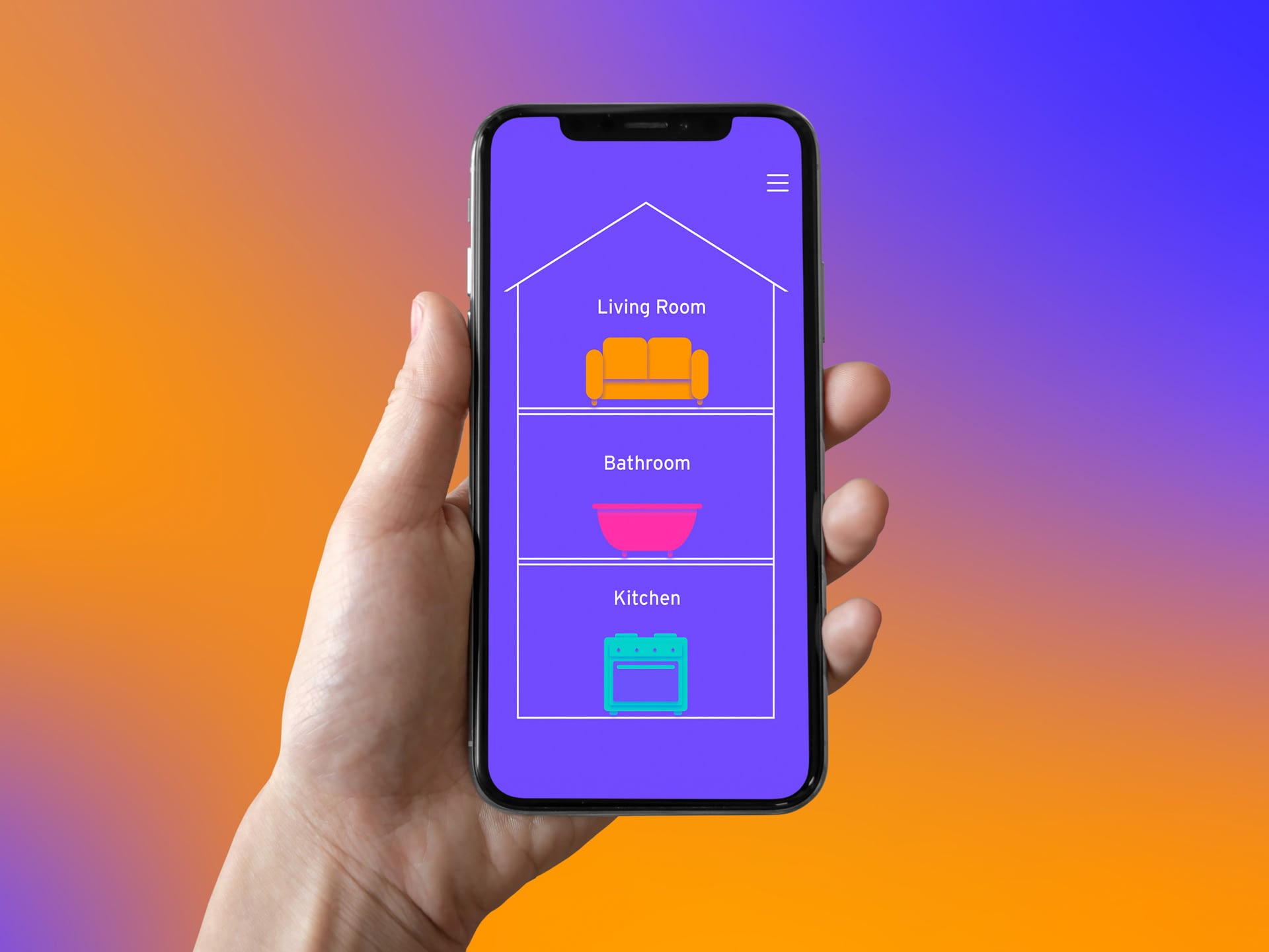 A person holds an iphone screen showing the house music app - an abstract house with three levels in front of a orange and blue gradient